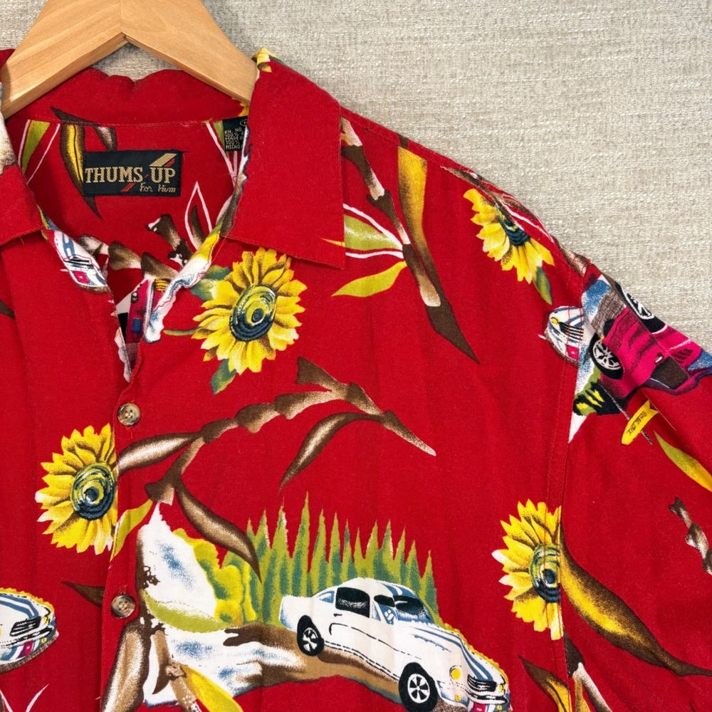 Thums Up For Him Men Vintage Red Rayon Muscle Car Tropical Hawaiian Camp Shirt M